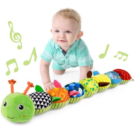 Green Musical Caterpillar Baby Toy – Soft, textured, and sensory-infused stuffed animal for newborns and infants. Perfect for tummy time.