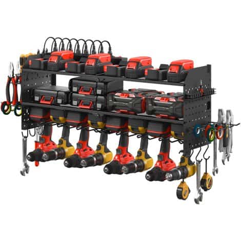 JUNNUJ Mega Pegboard Tool Organizer with Charging Station, 8 Drills Driver & Battery Holder, Black Garage Storage Rack.