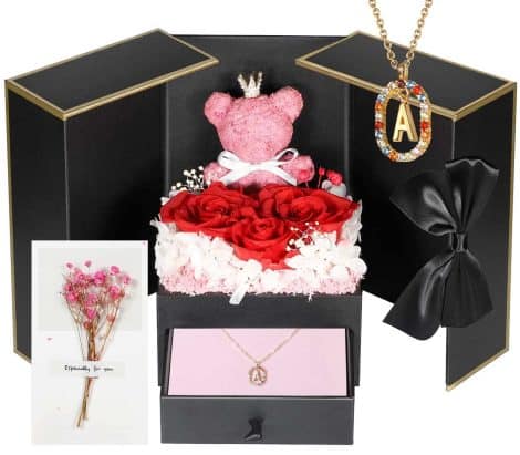 Adorable Real Roses Bear Gift Set with 18K Gold Plated Initial Necklaces – Perfect for Mom, Girlfriend or Wife on special occasions.