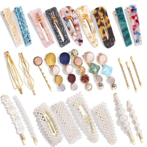 28 beautiful handmade hair clips, featuring pearls, resin, marble, glitter, crystals, and elegant gold. Perfect gifts for women and girls.