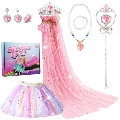 9-piece Princess Dress Up Outfit for young girls includes cape, dress, crown, and accessories. Perfect holiday gift.