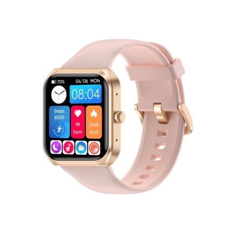 MXQ Fitness Smart Watch: Stylish rose gold aluminum case with pink sport band, large screen, and numerous health features for Android/iPhone.