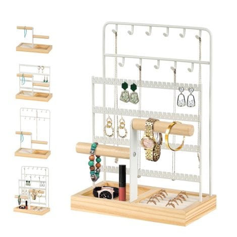 JAZUIHA Jewelry Organizer: A stylish and practical 3-tier hanger with earring, necklace, and bracelet holders, perfect for organizing and displaying jewelry. Ideal for room decor and a great holiday gift for women.