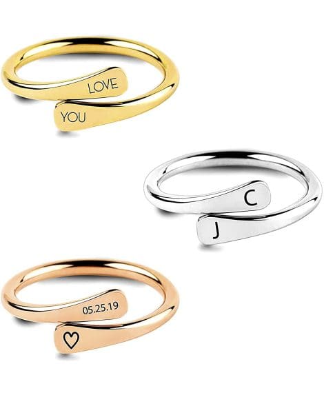 Customize your own personalized engraved wrap ring with initials, names, or significant dates. Perfect gift for mothers and daughters.