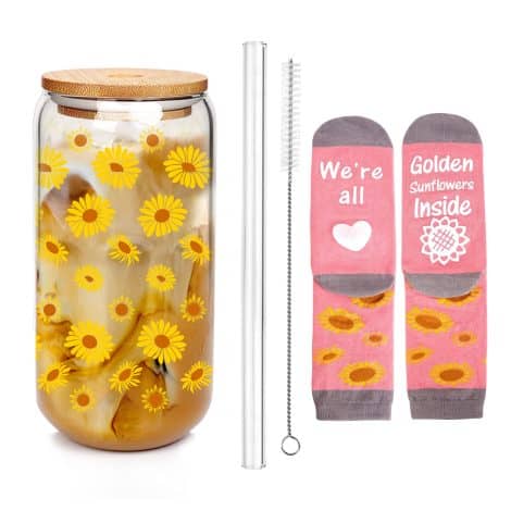 Mason Life Sunflower Swag – Enjoy your iced drinks with trendy glass cups, complete with lids, straws, and cute sunflower socks! Perfect birthday gift for your friend, mom, or her.