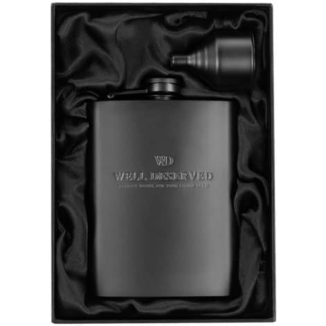 Engraved 8 oz Matte Black Flask Set with Funnel and Pouch. Perfect gift for classy men.