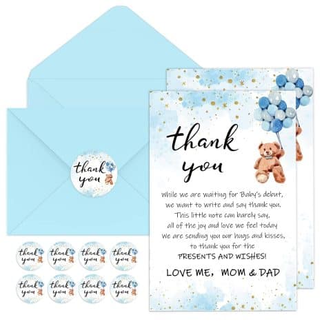 Blue Kisston 50 Sets of Baby Shower Thank You Cards with Envelopes, Stickers, and Bear Kid Notes. Perfect Baby Gift.