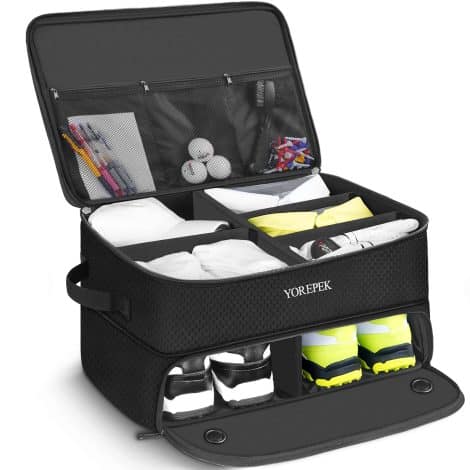 Waterproof Golf Trunk Organizer, with Separate Ventilated Compartment for 2 Pairs of Shoes. Ideal Golf Storage Solution.