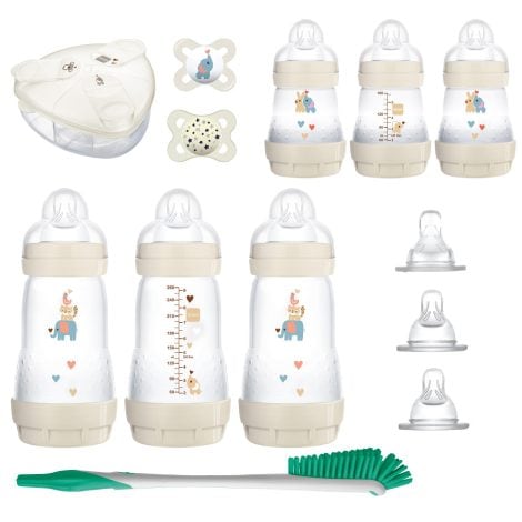 MAM Baby’s First Gift Set includes anti-colic bottles, pacifiers, and a safe formula dispenser.