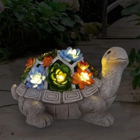 Solar Turtle Garden Statue with Succulent, LED Lights – Unique Yard Ornament, Perfect Housewarming Gift.