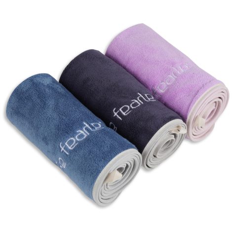 Ultra Absorbent Gym Towel Set, Perfect for Workouts, Yoga, and Swimming, 3-Pack in Blue, Grey, and Purple.