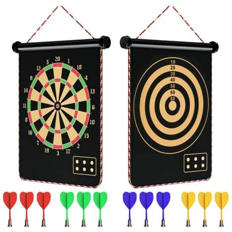 Mixi Magnetic Dart Board for Kids – Outdoor game set with reversible board, 12 darts. Perfect gift for ages 5-16.