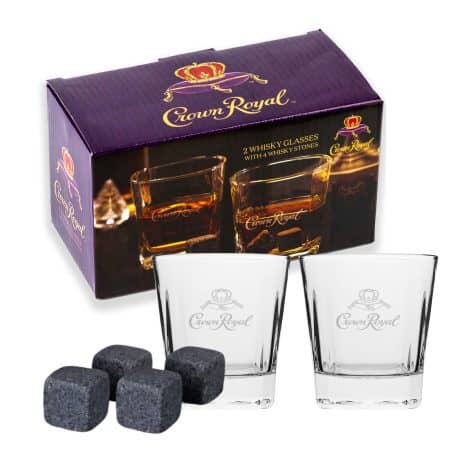 Gift set for men: 2 Crown Royal whiskey glasses, 2 scotch glasses, and 4 unique chilling granite rocks.