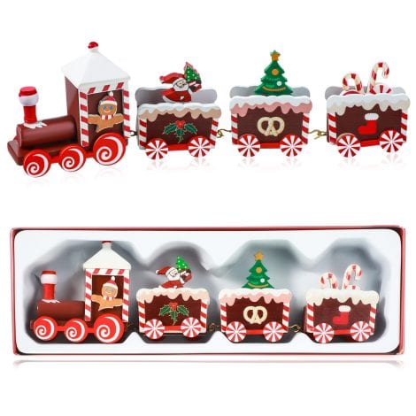 Santa Claus Red Christmas Train: Festive wooden decor for your holiday festivities, perfect for table or party decoration.