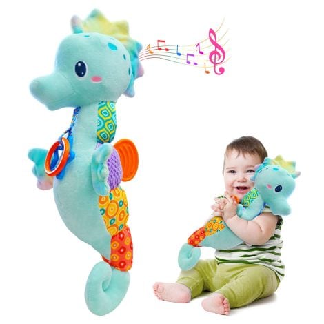 Colorful Seahorse Musical Soft Toy for Babies, Including Crinkle Paper, Rattles, and Textures, Perfect Gift for Newborns.