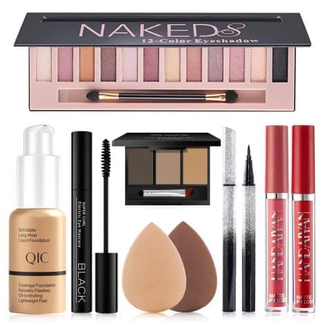 Complete Women’s Makeup Set: Includes 12-tone eyeshadow, beige foundation, eyeliner, mascara, eyebrow powder, 2 lipsticks, and sponge. Ideal gift.