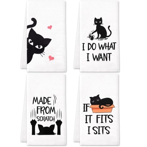 Funny Cat Kitchen Towels: Perfect cat lover gifts with decorative waffle design! Set of 4 for kitchen decor. Great housewarming or wedding shower presents.