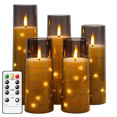 kakoya Flameless LED Candles: 5 Timer Flickering Candles for a Romantic Ambiance and Home Décor. Durable, Grey acrylic shell with Star String, Battery operated.