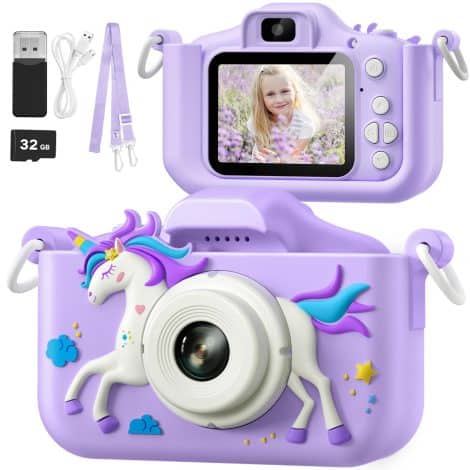 Enhanced Unicorn Kids Camera for Girls, Fun Christmas Birthday Gifts, with 1080P HD Video & 32GB SD Card.