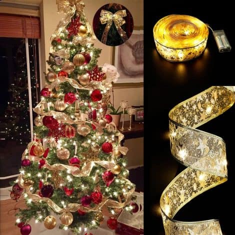 Gold Warm Light Battery Powered Christmas Tree Ribbon Bows String Lights, perfect for party decor and holiday cheer.