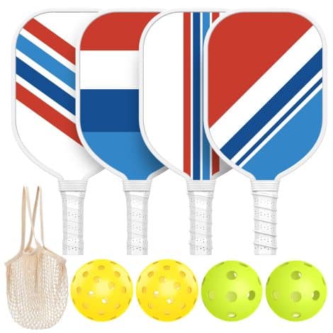 High-quality Pickleball Paddle Set for beginners and pros, includes 4 wooden paddles, 2 fiberglass paddles, balls, and bag.