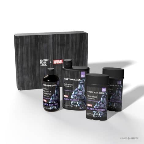 The Every Man Jack Black Panther Body Set is ideal for men who love Marvel and want clean, great-smelling skin and hair. It includes two packs of body wash, shampoo, and deodorant.