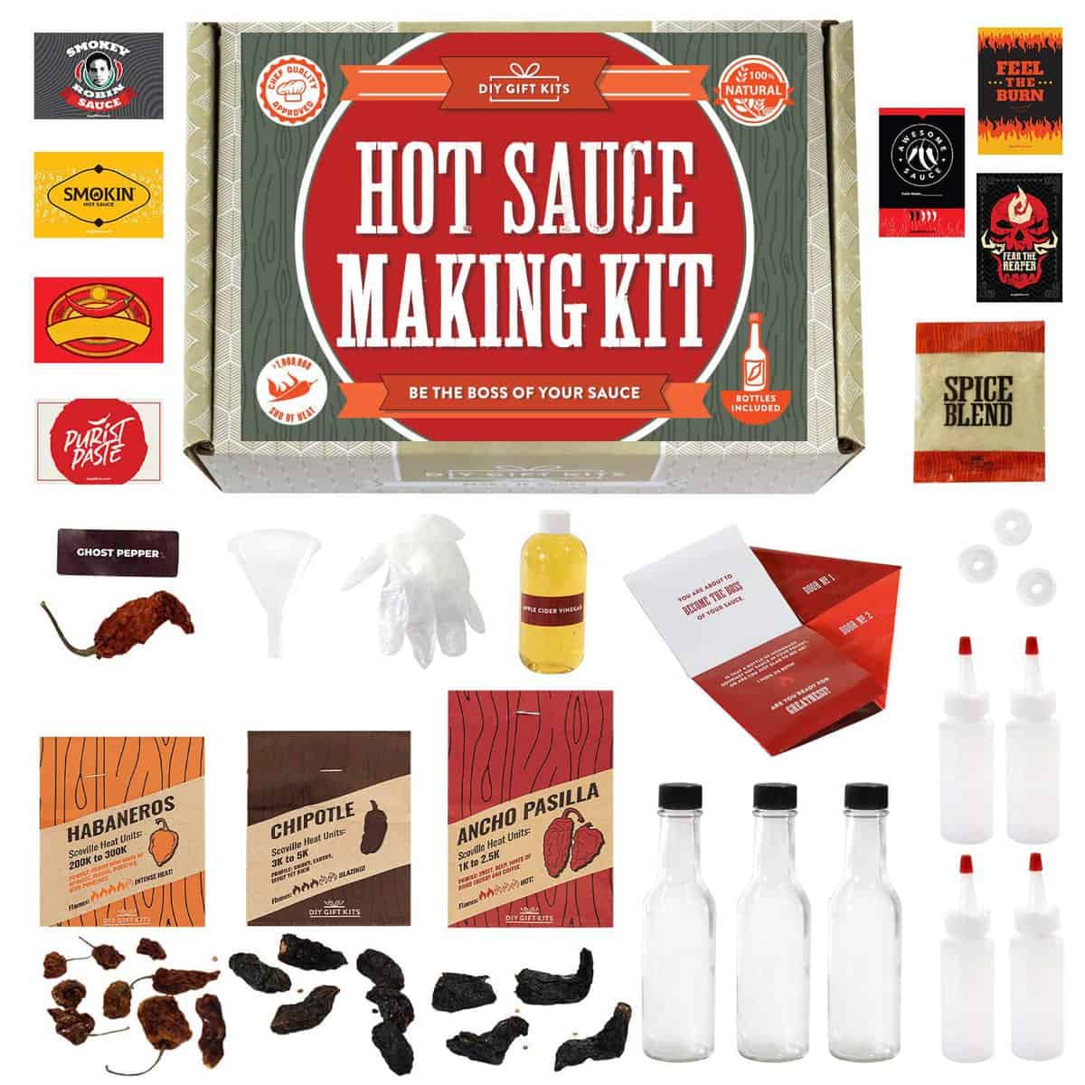 DIY Gift Kits Standard Hot Sauce Making Kit with 3 Recipes, Bottles & More | All-Inclusive Set for Making The World's Hottest Hot Sauce Kit for Adults! All Natural, Hand-Packaged in the US & Contains No Alcohol | Birthday Gifts for Men & Dads