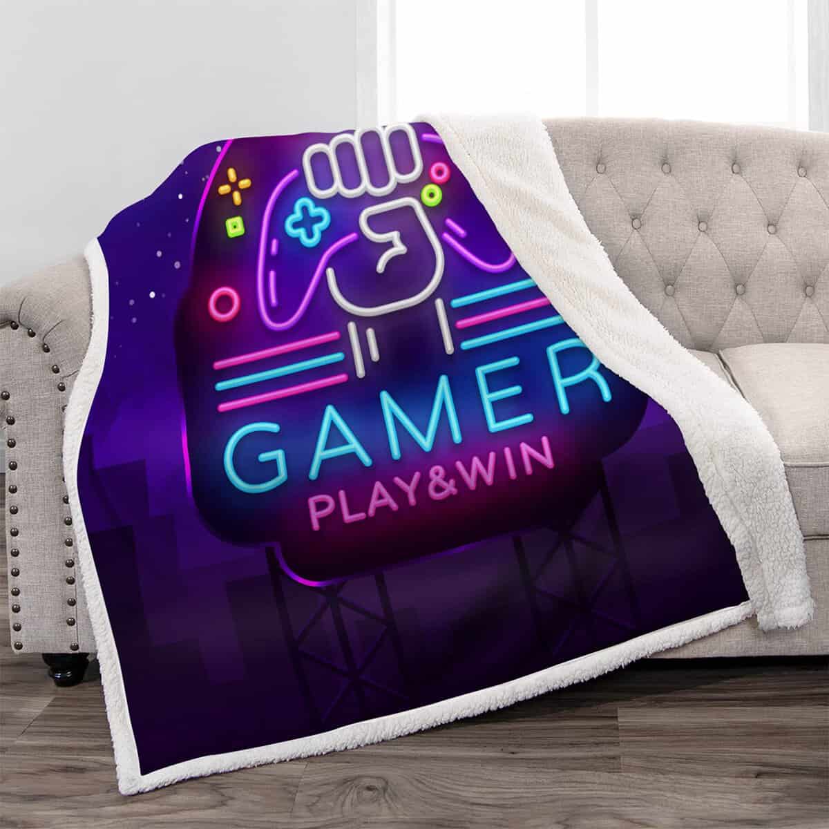 Jekeno Gaming Gifts for Gamers - Soft Plush Warm Neon Sign Gamepads Prints Sherpa Throw Blanket for Teenage Boys Girls Adults Kids Christmas Birthday Gifts Decor Sofa Bed Couch Room 50"X60"