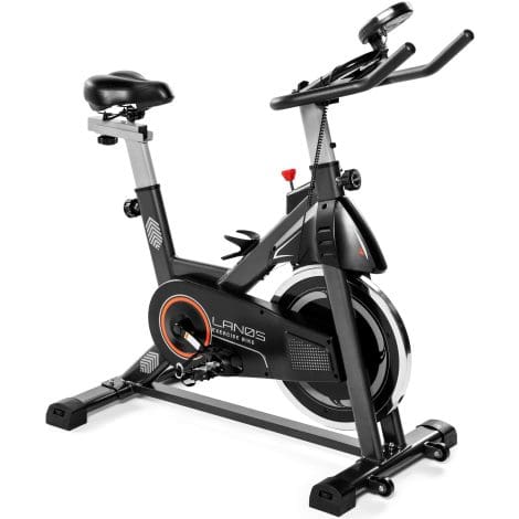 “Lanos Indoor Cycling Bike: Ideal Exercise Companion for Your Home Gym, Featuring a Comfy Seat and iPad Holder!”