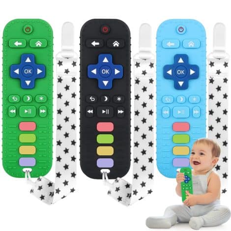 Set of 3 silicone teething toys in the shape of remote controls to soothe and relieve babies’ gums.