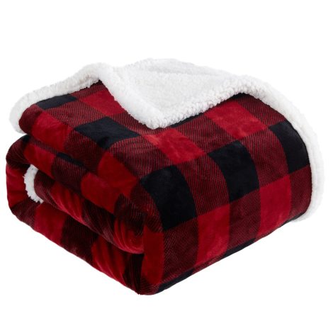 Stay warm this Christmas with the cozy Touchat Sherpa Red and Black Buffalo Plaid Throw Blanket!