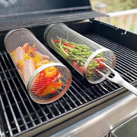 Daioloes BBQ Net Tube 2 Pack, Rolling Grilling Basket 12 Inch with Non-Stick Coating and Mesh Cover. Includes Grill Tool and 2 Bbq Fork. Perfect BBQ Gifts for Men and Dad.