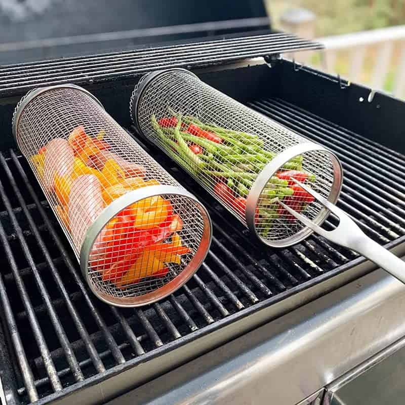 Daioloes BBQ Net Tube 2 Pack, Rolling Grilling Basket 12 Inch, Non-Stick Barbecue Basket Rotisserie with Removable Mesh Cover, Grill Tool with 2 Bbq Fork, Grilling Accessories Gifts for Men Dad AB