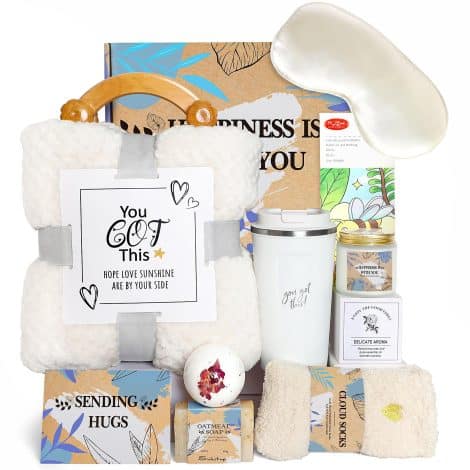 Thoughtful care package with a cozy blanket and mug, perfect for women recovering from surgery or feeling under the weather.