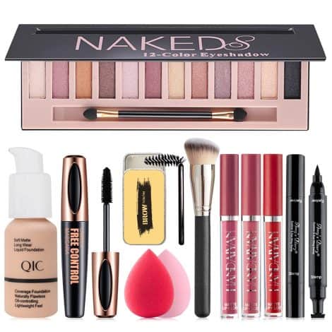 Complete Makeup Set: Includes 12 eyeshadow shades, beige foundation, lipstick, eyebrow soap, eyeliner stamp, waterproof mascara, brushes, sponge. Perfect gift for women, girls, and teens.