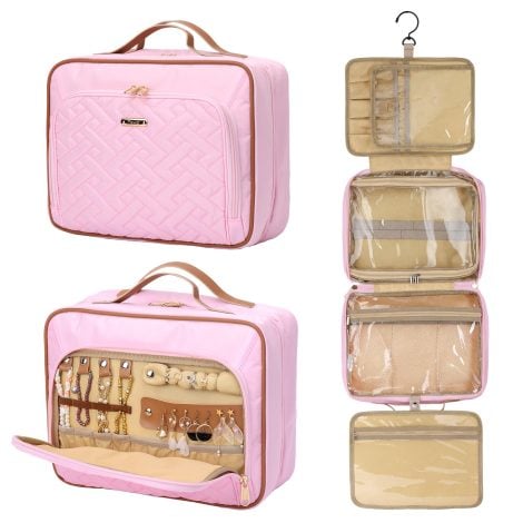 Fixwal Pink Travel Bag for Women, Spacious, Water-Resistant, with Jewelry Compartment. Hang or carry your travel essentials.