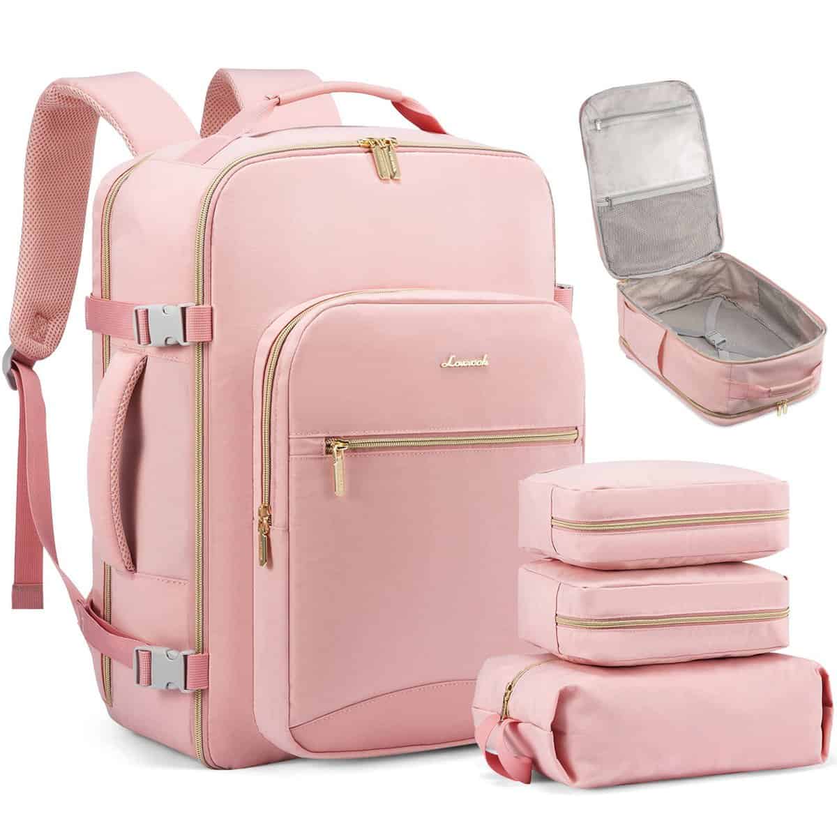 LOVEVOOK Travel Backpack Women as Personal Item Flight Approved, TSA 17.3inch Laptop Backpack with 3 Packing Cubes College Casual Carry On Daypack for Weekender Overnight Hiking, Pink