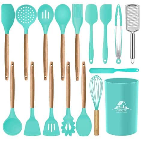 Teal MIBOTE 17-Piece Silicone Kitchen Utensil Set with Wooden Handles, Holder, and Nonstick Cookware Compatibility.