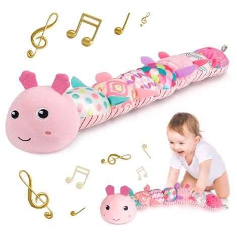 Soft and colorful musical stuffed animal toys for baby girls, perfect for sensory development and tummy time. Pink Caterpillar.