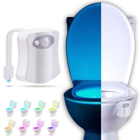 Motion-activated RainBowl Night Light for the toilet bowl, a humorous stocking stuffer or gag gift for men.