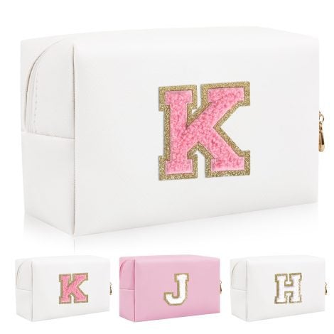 Personalized Initial Patch Makeup Bag: Stylish and Waterproof Monogram Cosmetic Bag for Women and Girls (Letter K).