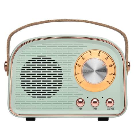 Retro Bluetooth Speaker, a stylish vintage wireless speaker for home, travel, and outdoor use in Cyan color.