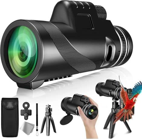 High-performance Monocular Telescope for capturing stunning wildlife, bird watching, hunting, and travel moments. Includes smartphone holder and tripod.