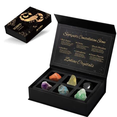 Gift set of crystals specifically curated for individuals with the Scorpio zodiac sign, complete with a horoscope box.