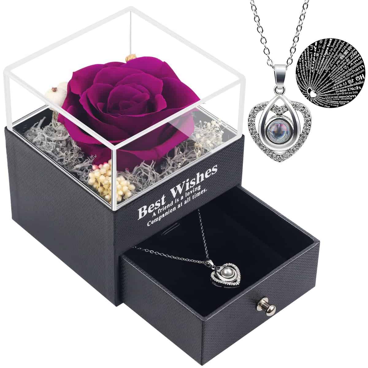 Preserved Purple Real Rose with I Love You Necklace in 100 Languages-Eternal Flowers Rose Gifts for Mom Wife Girlfriend Her on Anniversary Mothers Day Valentines Day Christmas Birthday Gifts for Women