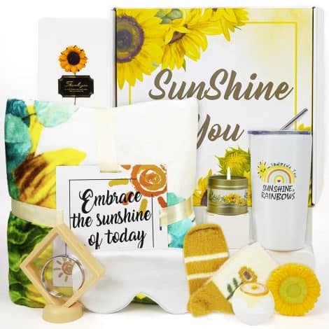 Brighten Up Gift Set: 10 sunflower-themed gifts in a care package to spread joy and positivity for her.