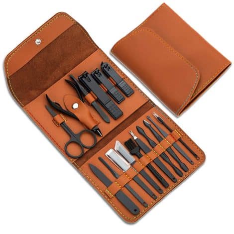 Men/Women’s Stainless Steel Manicure Set – Perfect Gift, includes PU leather case, personal care tools. (brown)