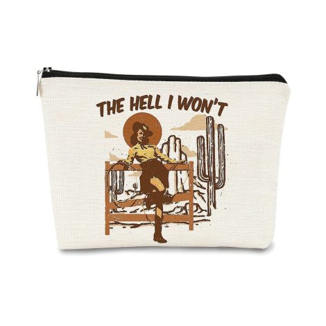 BARPERY Cowgirl Makeup Bag – Retro Western design with Cactus, Sun, and Desert Landscape. Perfect gift for Cowgirls, Teens, and Women.