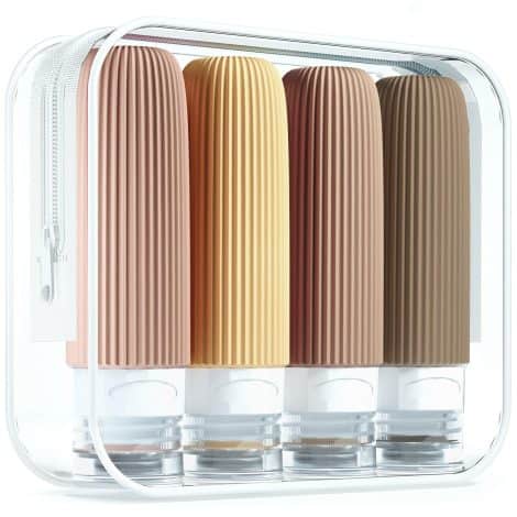 “Travel essentials: TSA approved 3oz leakproof silicone bottles with clear bag, perfect for toiletries.”