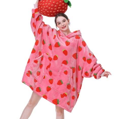 Introducing the Aemicion Oversized Strawberry Sweatshirt Blanket with Hood – perfect gift for women and girls.